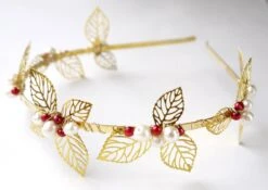 Christmas Leaves Pearl Tiara- Freshwater Pearl, Filigree Leaves Red White Gold Wedding Headband Headpiece