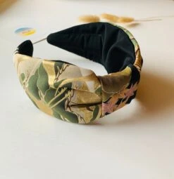 Emerald Green Gold Silk Knot Headband, Luxury Silk Heron Headband,Japanese Vintage Kimono Turban Headband,wedding, Party, Christmas Gift.